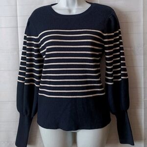 CEFINN Navy Blue Striped Puff Sleeve Merino Blend Sweater